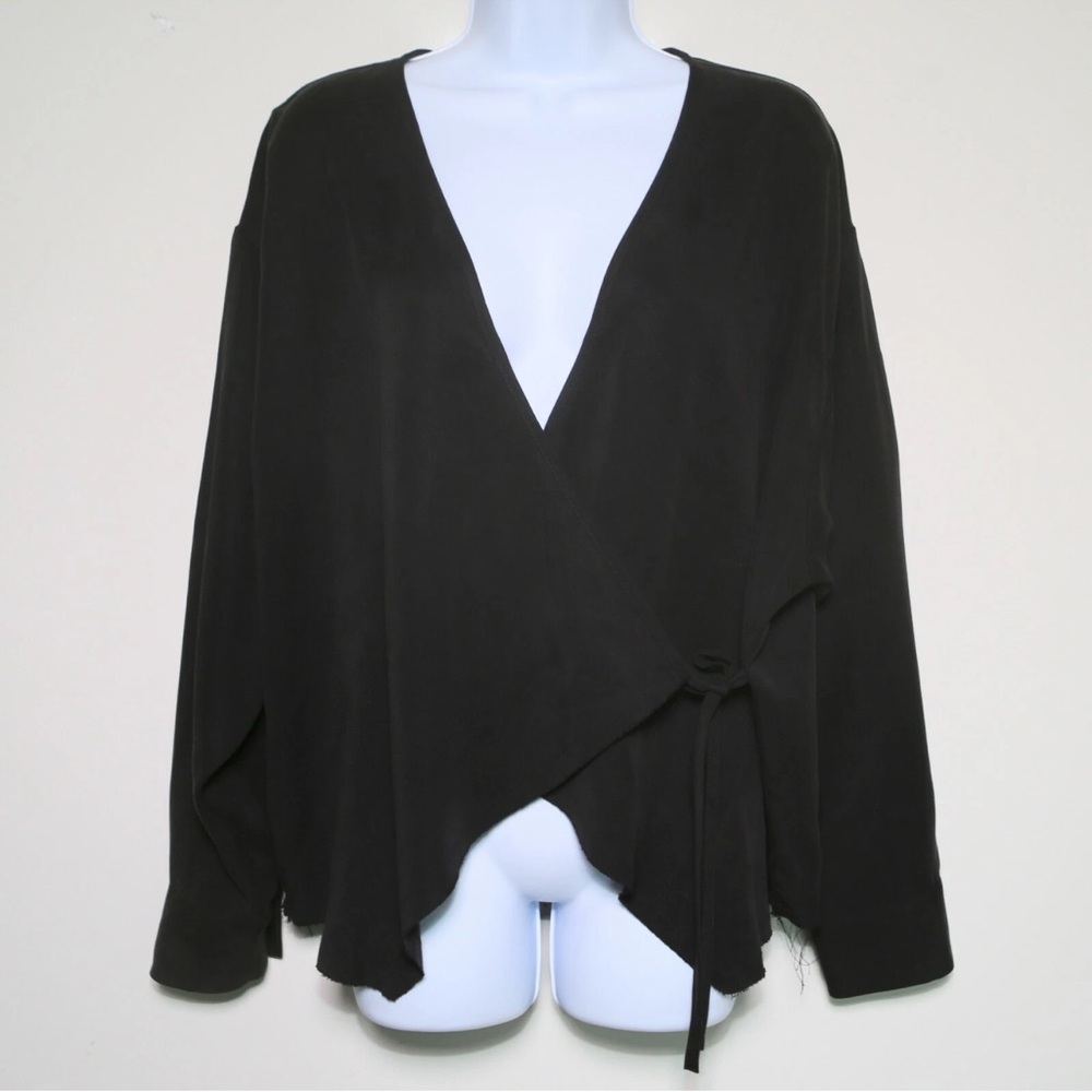 R.G. KANE - Black 100% Tencel Long Sleeve Raw Hem Shirt Top - Women's Large